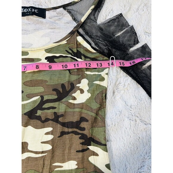 Toxic-Green/Brown-Body Con-Mini Camo Dress-with Distressed Mesh Sleeves-Lg.-Used - Picture 6 of 15